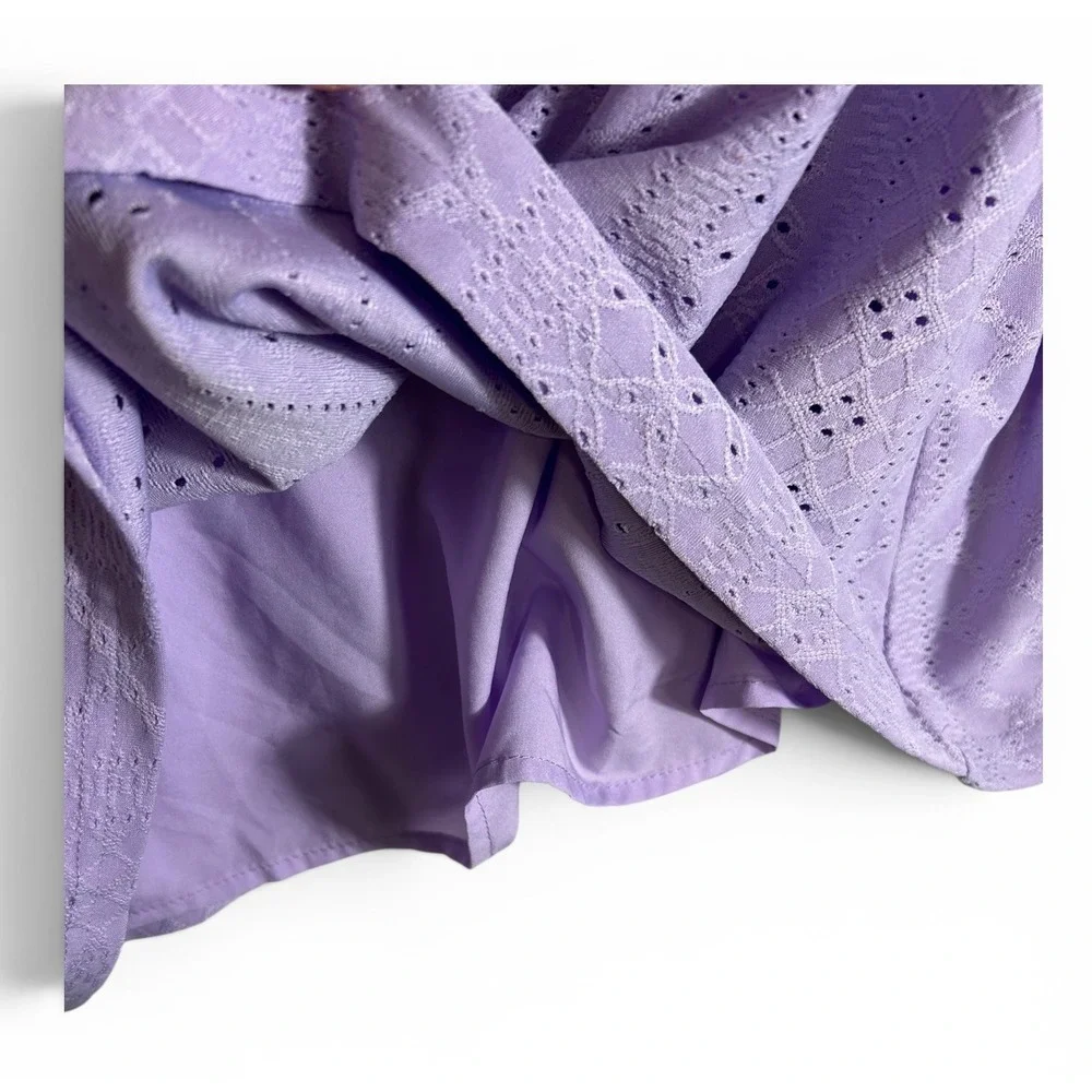 YVH Lavender Purple Eyelet Short Sleeve V-Neck Blouse Top L Puff Sleeve Lined - Picture 8 of 8